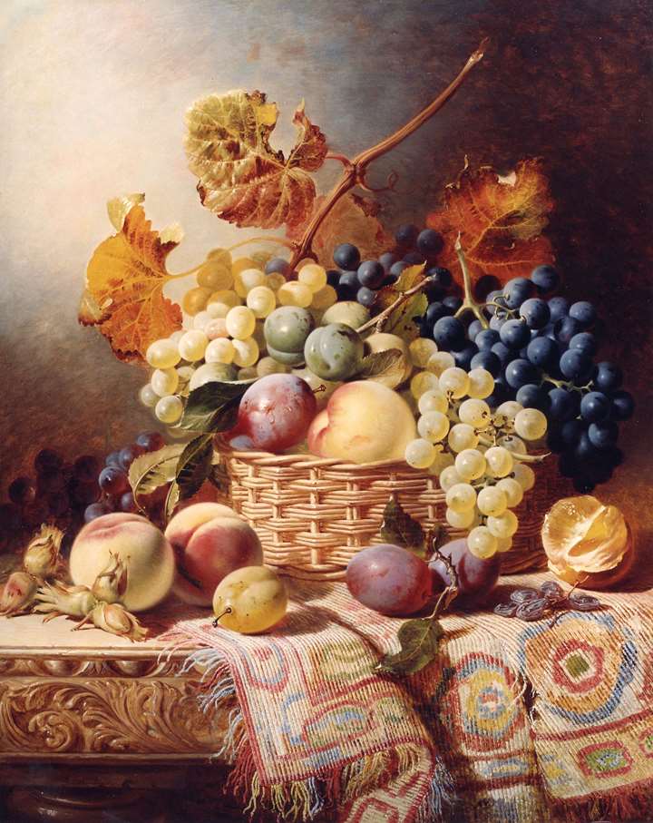 Still Life with Basket of Fruit on a Table with a Rug